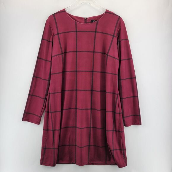 Anthropologie Hutch Shift Dress Size XL Red Black Windowpane Plaid Long Sleeve - Picture 3 of 11